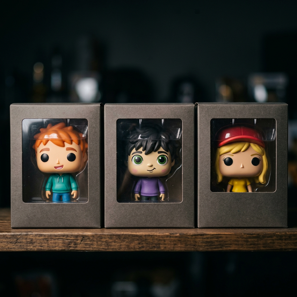 Boxed vinyl collectible figures on a shop shelf