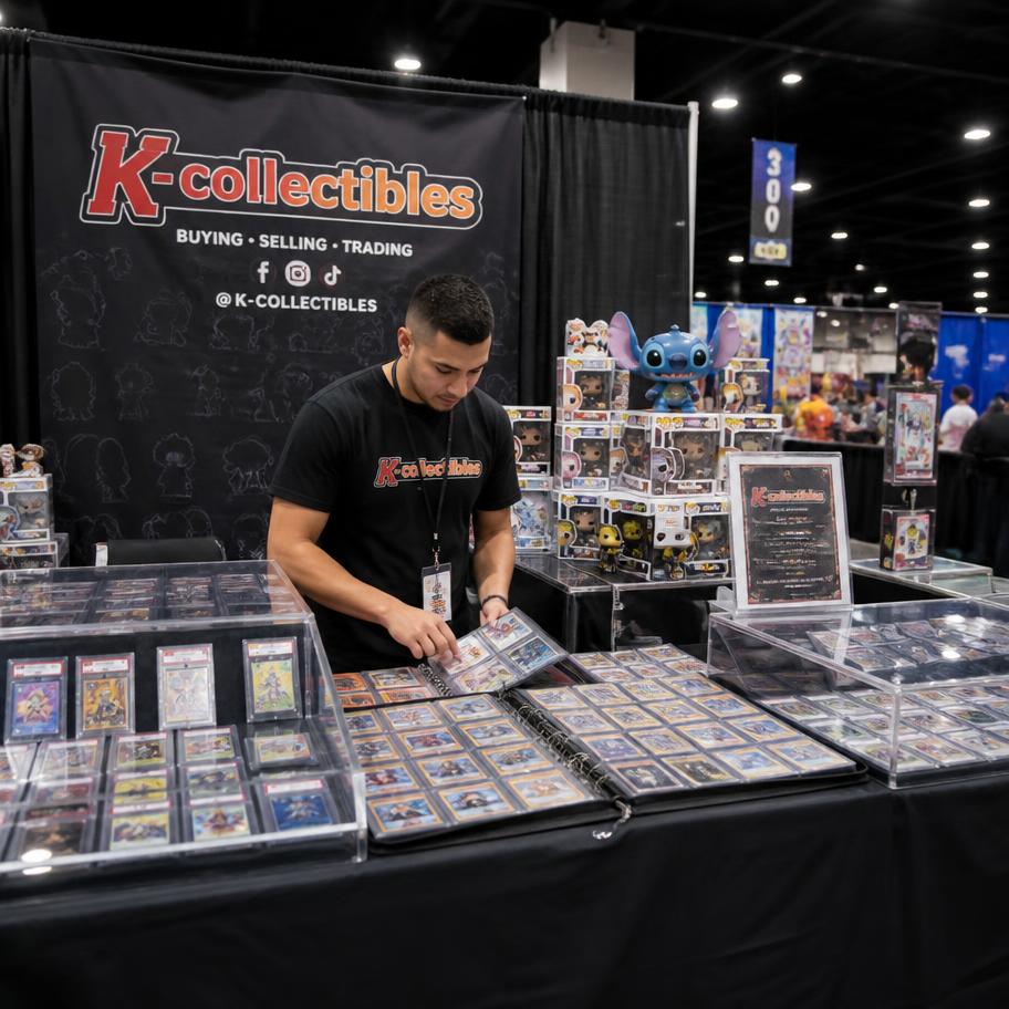 Vendor setting up a collectibles booth with cards and figures
